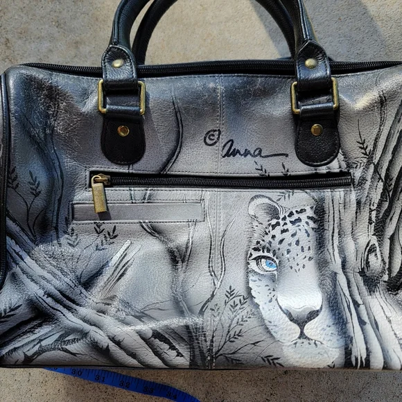 Anna by Anuschka African Leopard Genuine Leather Crossbody Satchel Hand-Painted - Picture 6 of 13